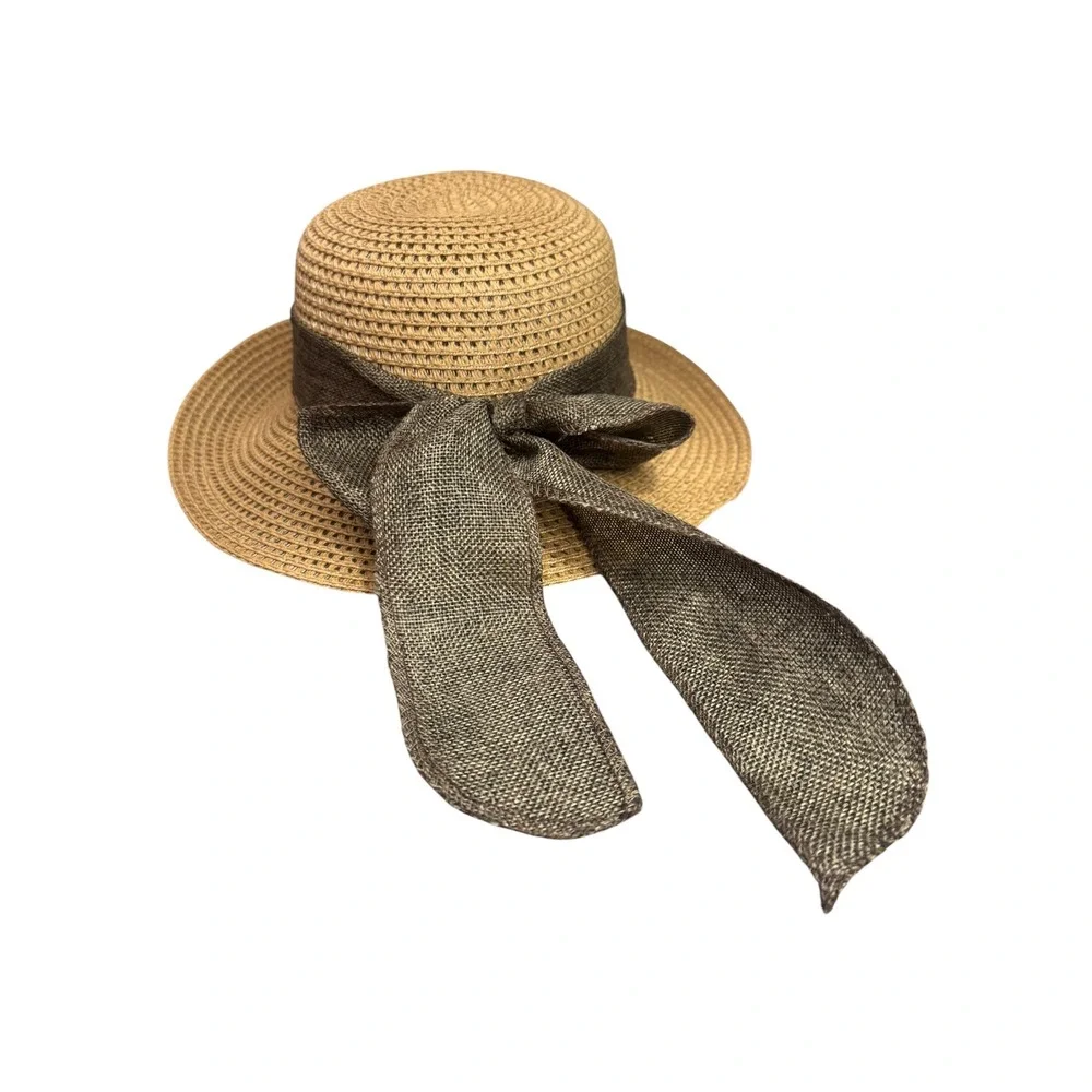 Woven Paper Straw Sun Hat with Large Olive Green Back Bow and Chin Strap